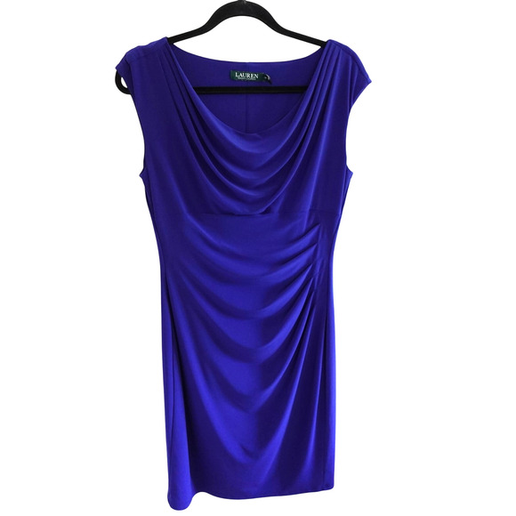 Lauren Ralph Lauren Cowl Neck Sheath Dress Blue Purple Size 12 Office Cocktail - Picture 1 of 10